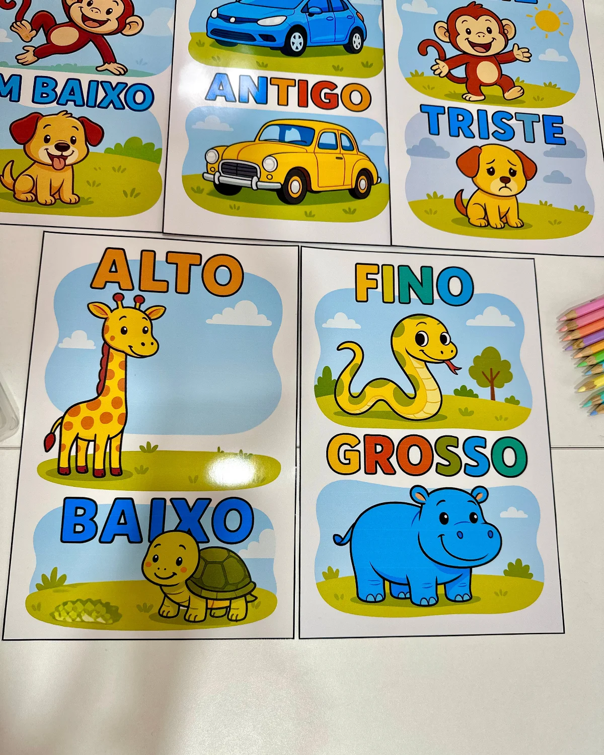 Fichas ilustradas para trabalhar Conceitos na Educação Infantil — amostra 4: Gelado/quente Rápido/devagar Grande/pequeno Em…