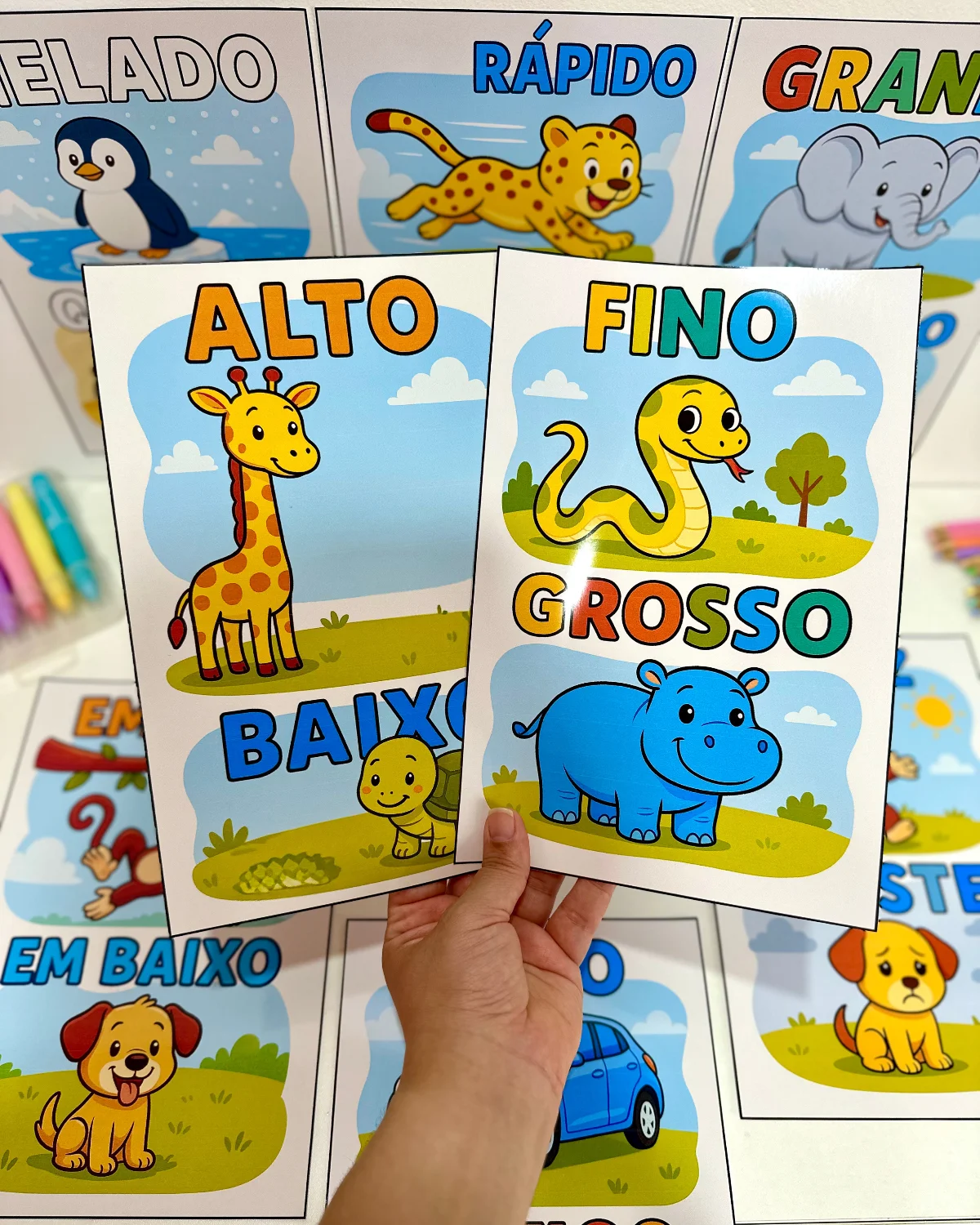 Fichas ilustradas para trabalhar Conceitos na Educação Infantil — amostra 6: Gelado/quente Rápido/devagar Grande/pequeno Em…