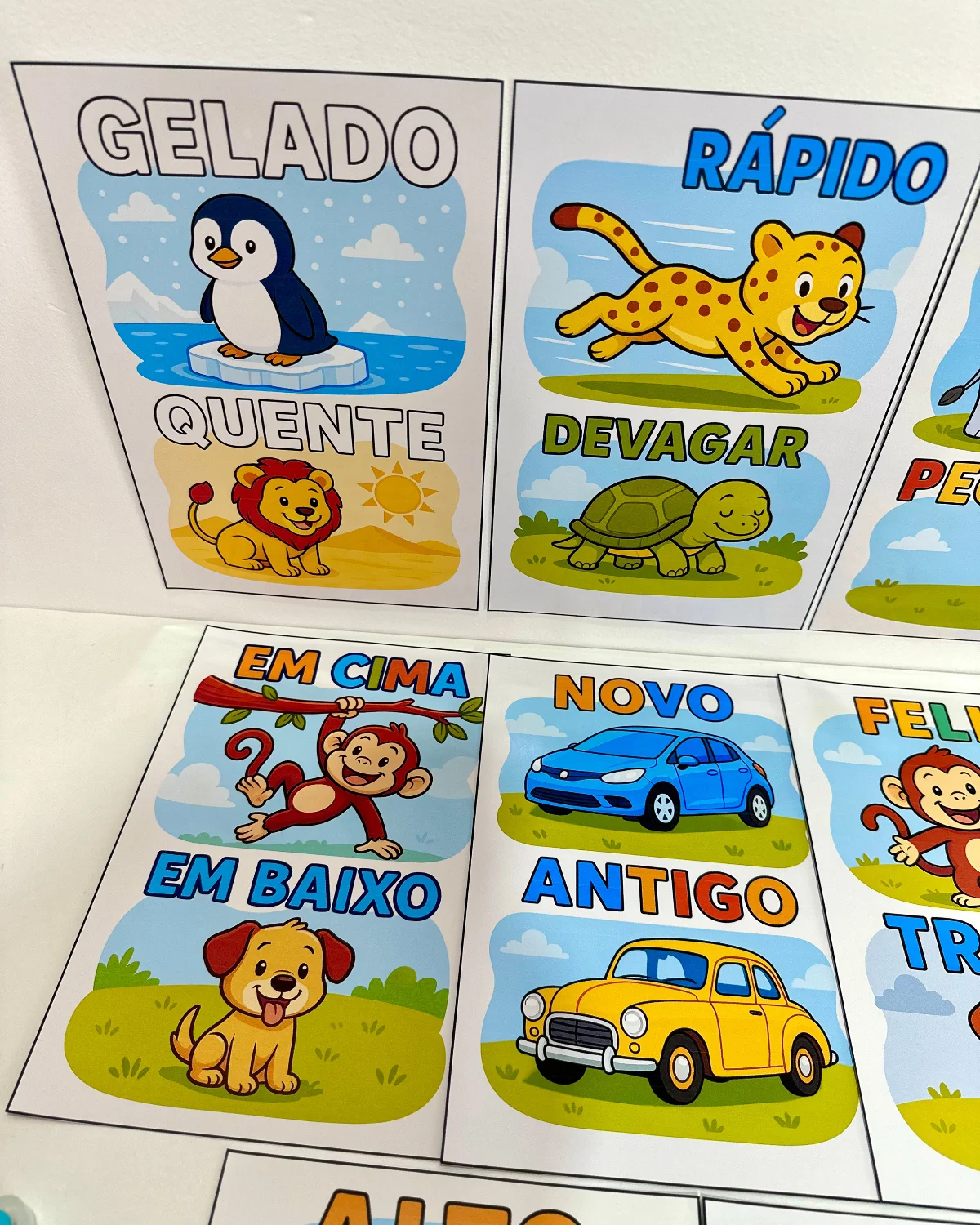 Fichas ilustradas para trabalhar Conceitos na Educação Infantil — amostra 7: Gelado/quente Rápido/devagar Grande/pequeno Em…