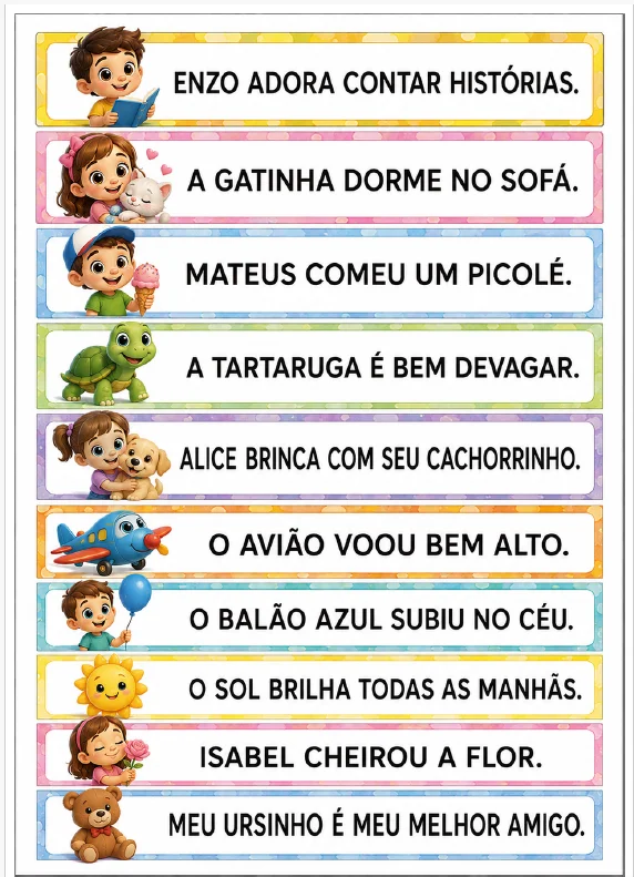 FICHAS PARA LEITURA - FLUENCIA LEITORA - ALFABETIZAÇÃO — amostra 1: Com as Fichas de Leitura , a criança encontra frases…