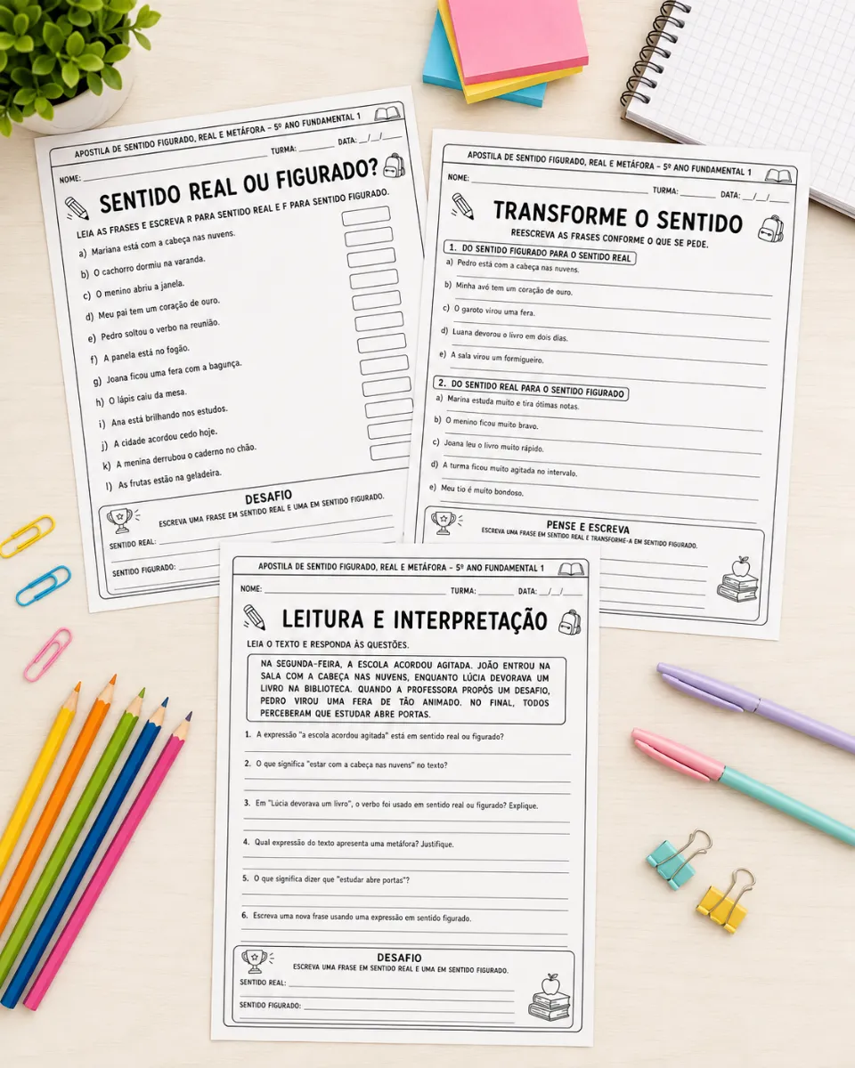 Figuras de Linguagem - Sentido Figurado, Real e Metáfora — amostra 2: Um material completo e pronto para imprimir, com 20…