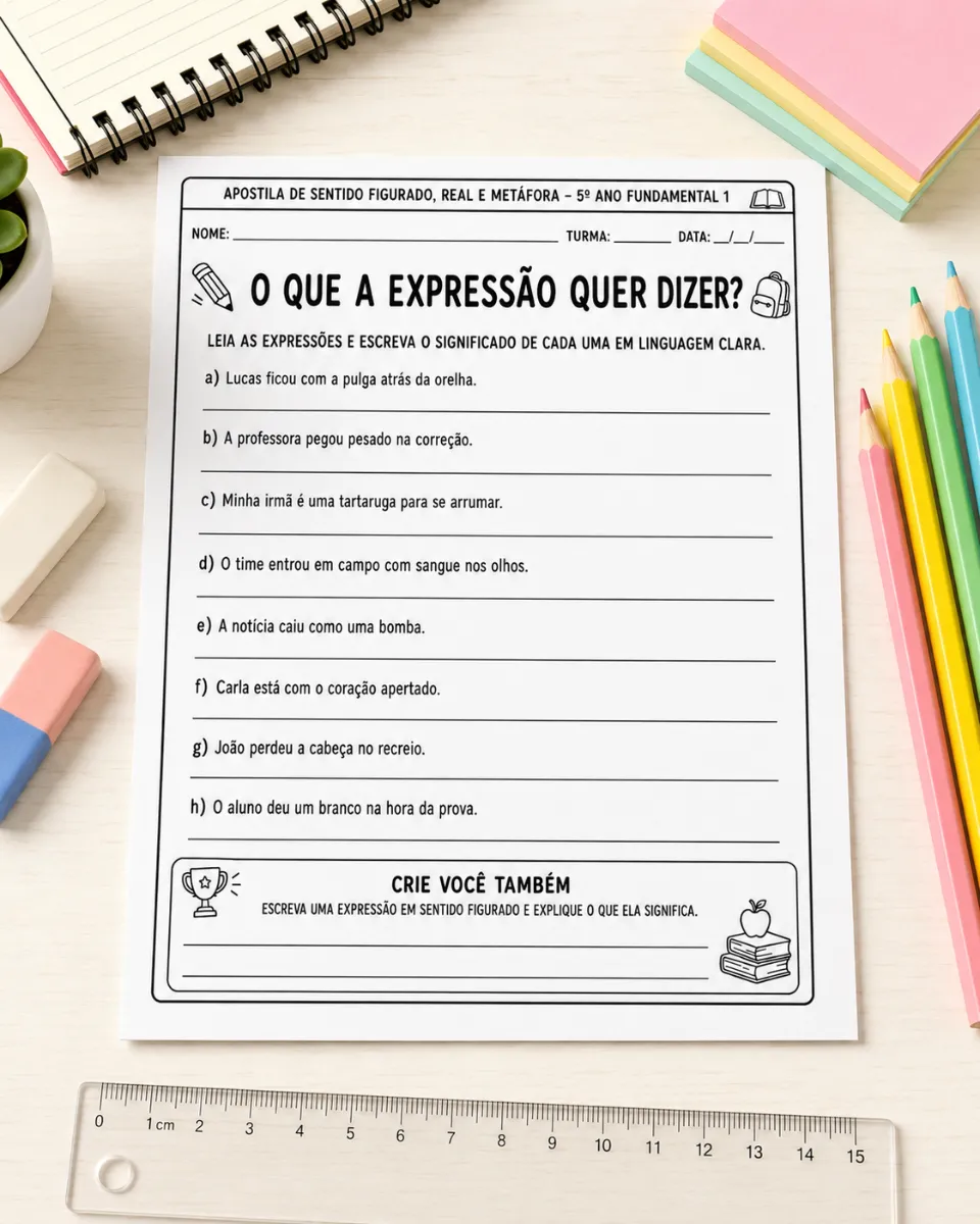 Figuras de Linguagem - Sentido Figurado, Real e Metáfora — amostra 4: Um material completo e pronto para imprimir, com 20…