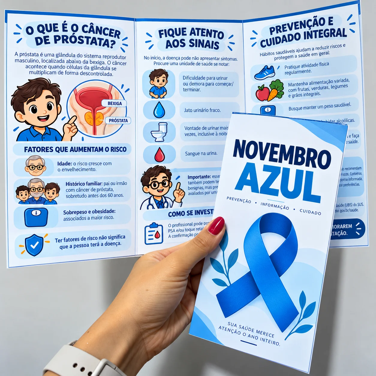Folder Informativo Novembro Azul: Prevenção, informação e cuidado — amostra 1: 💙 Promova o diálogo sobre a saúde do homem…