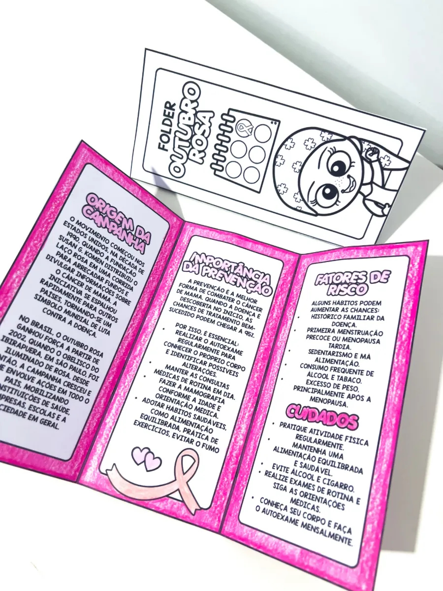 Folder Outubro Rosa Infantil – Informativo e para Colorir — amostra 2: Com informações acessíveis, ilustrações para colorir…
