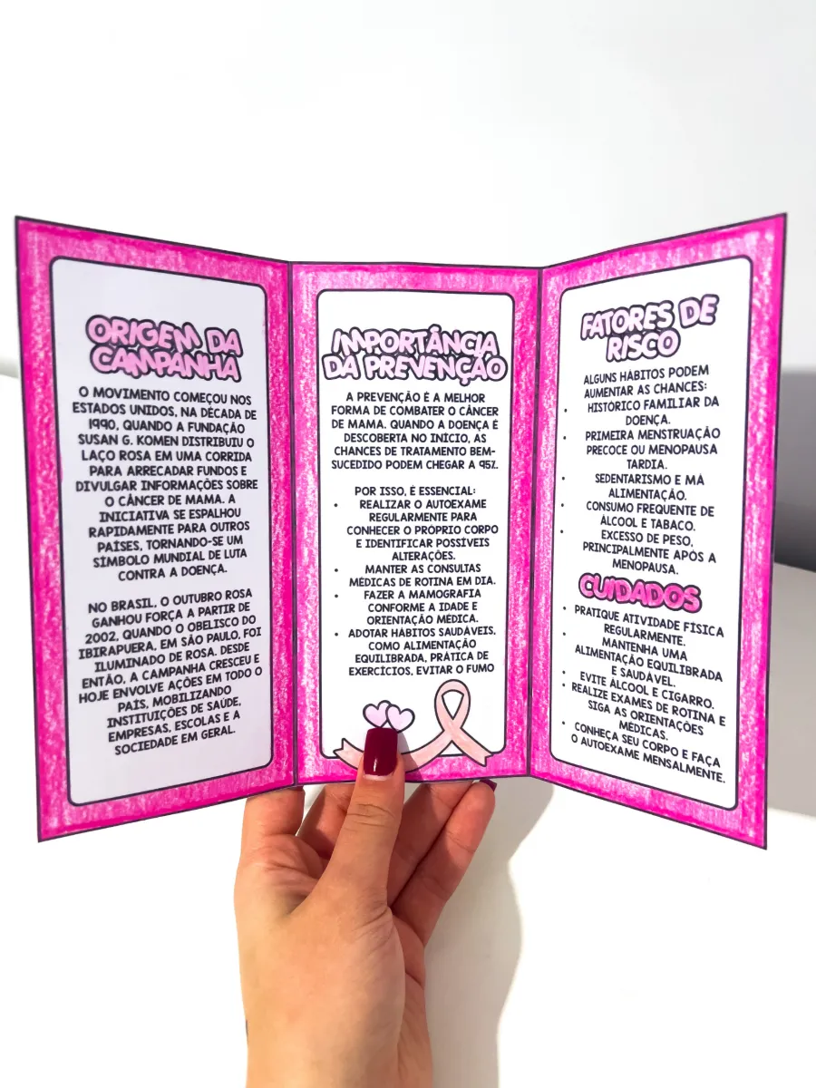 Folder Outubro Rosa Infantil – Informativo e para Colorir — amostra 3: Com informações acessíveis, ilustrações para colorir…