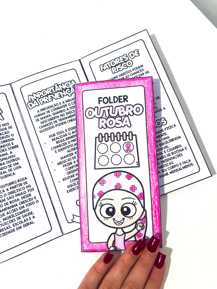 Folder Outubro Rosa Infantil – Informativo e para Colorir — amostra 7: Com informações acessíveis, ilustrações para colorir…