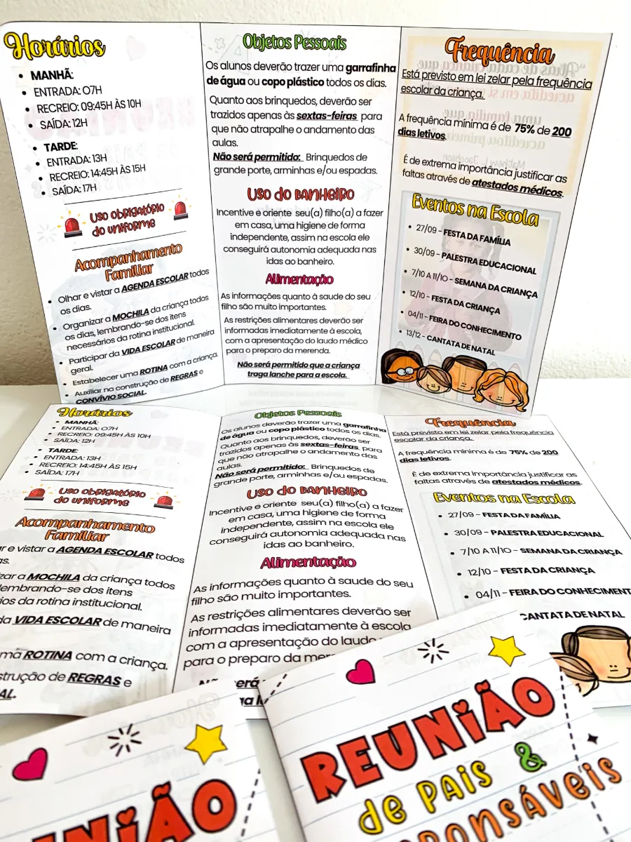 Folder Reunião de Pais e Responsáveis Escolar — amostra 3: Folder editável para reunião de pais, com informações escolares,…