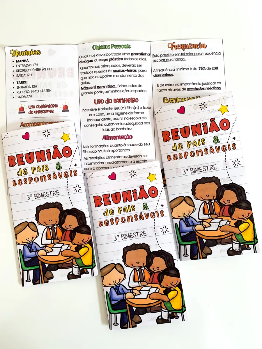 Folder Reunião de Pais e Responsáveis Escolar — amostra 4: Folder editável para reunião de pais, com informações escolares,…