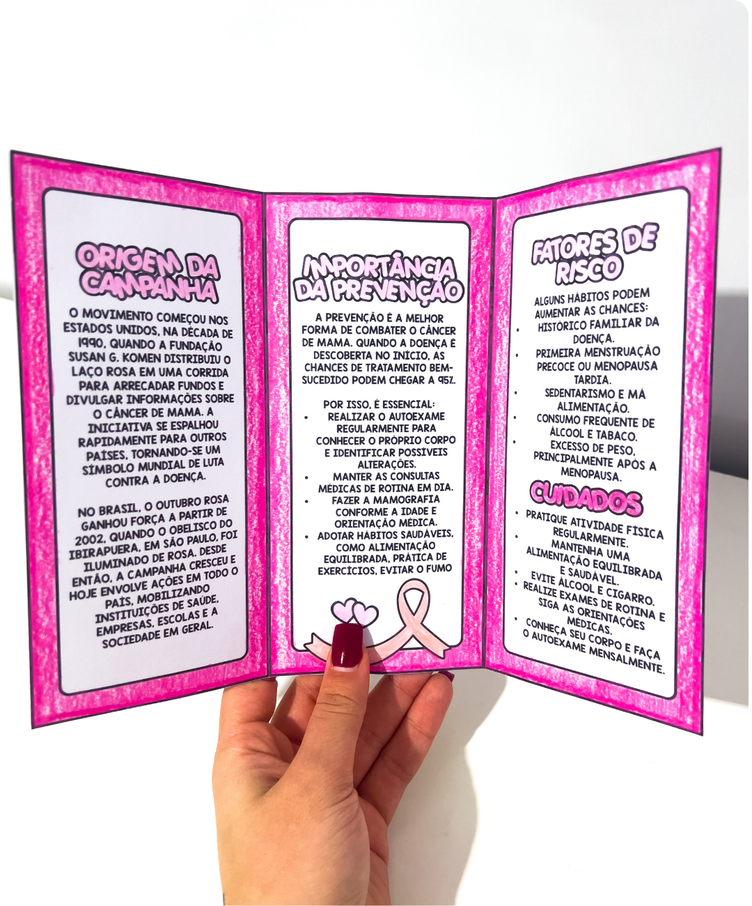 Folheto de Outubro Rosa para imprimir — amostra 1: Uma proposta impressa para conversar sobre cuidado