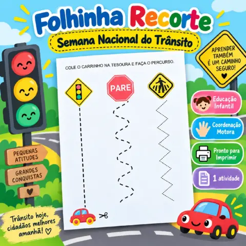 Folhinha Recorte – Semana Nacional do Trânsito | Coordenação Motora — amostra 3: Atividade de recorte para a Semana…