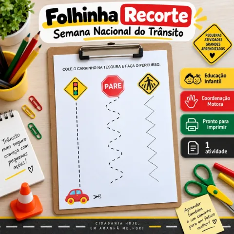 Folhinha Recorte – Semana Nacional do Trânsito | Coordenação Motora — amostra 4: Atividade de recorte para a Semana…