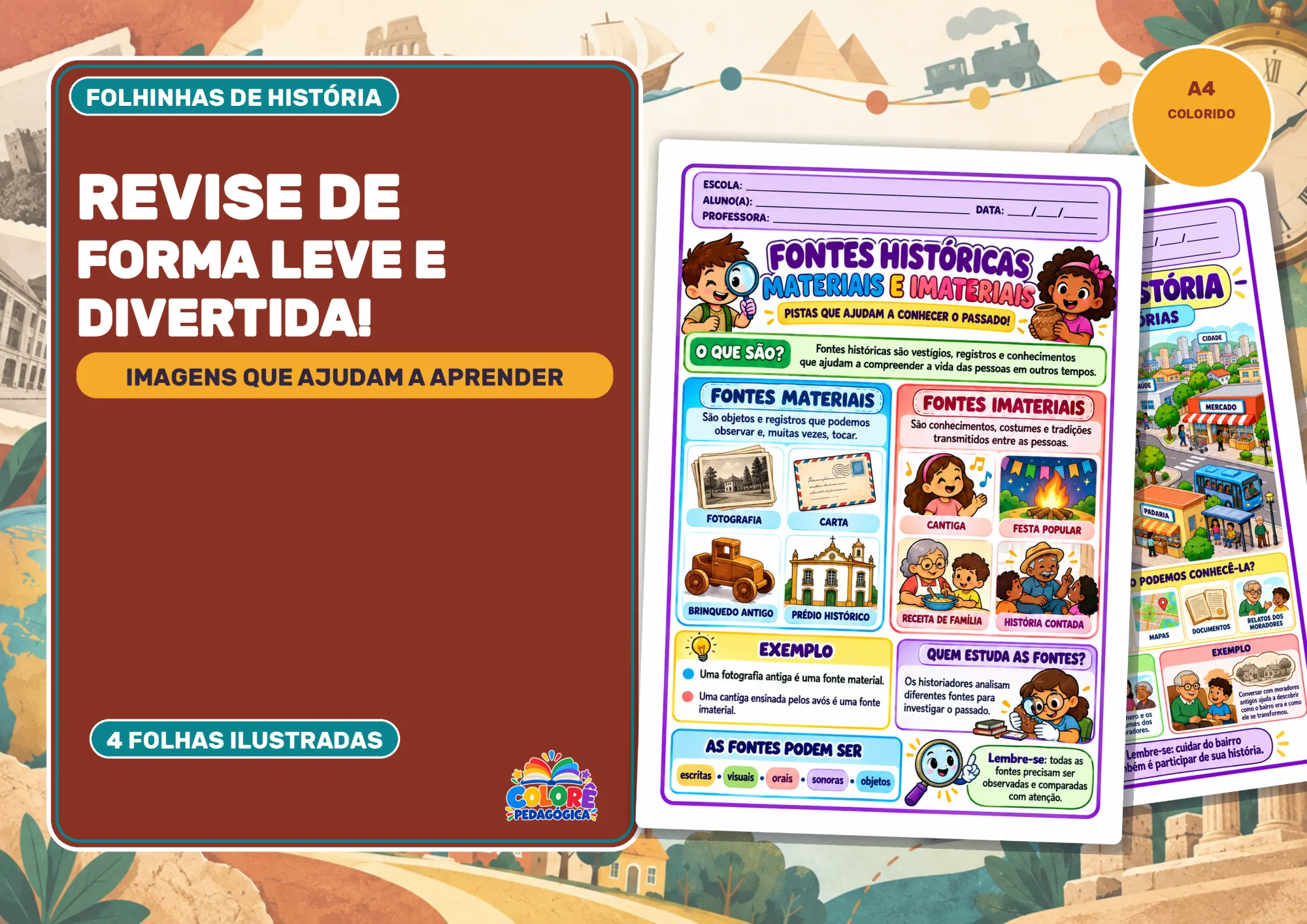 Folhinhas de Conceitos de História Ilustradas — amostra 2: Quatro folhas coloridas de História com conceitos, exemplos e…