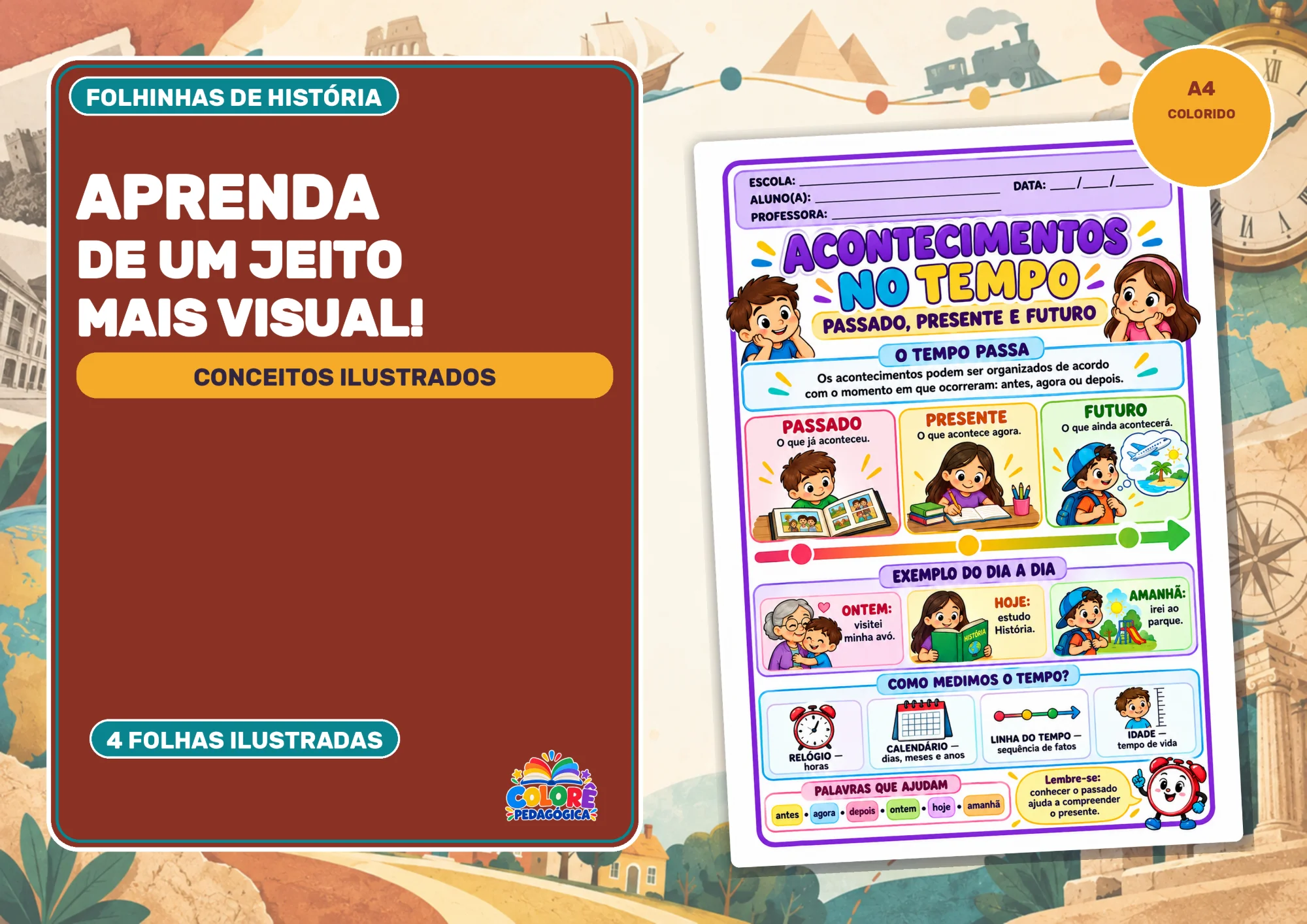 Folhinhas de Conceitos de História Ilustradas — amostra 3: Quatro folhas coloridas de História com conceitos, exemplos e…