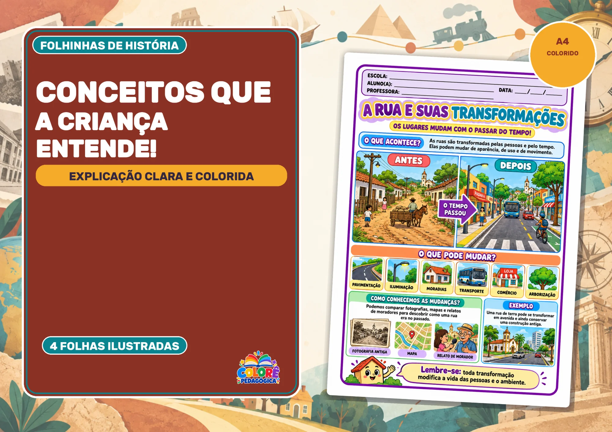 Folhinhas de Conceitos de História Ilustradas — História para Todas as séries: Quatro folhas coloridas de História com…
