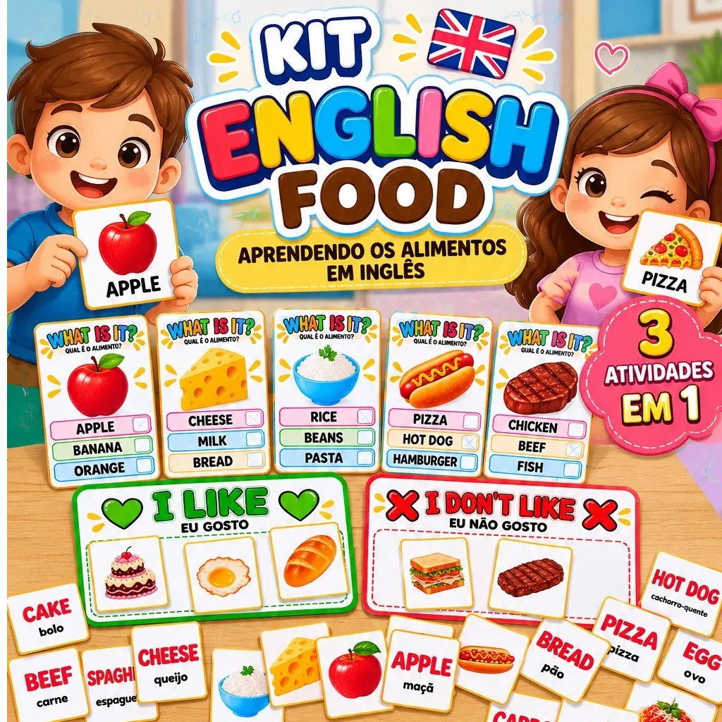 FOOD IN ENGLISH — ATIVIDADE EDUCATIVA 3 EM 1 — Jogos pedagógicos para Educação Infantil: Aprenda alimentos em inglês de…