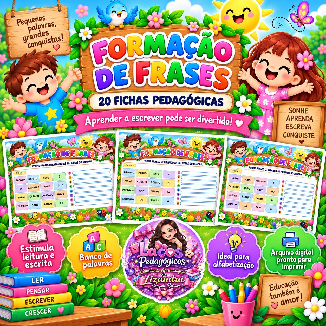 Formando Frases – 20 Fichas de Alfabetização para Leitura e Escrita — capa do material