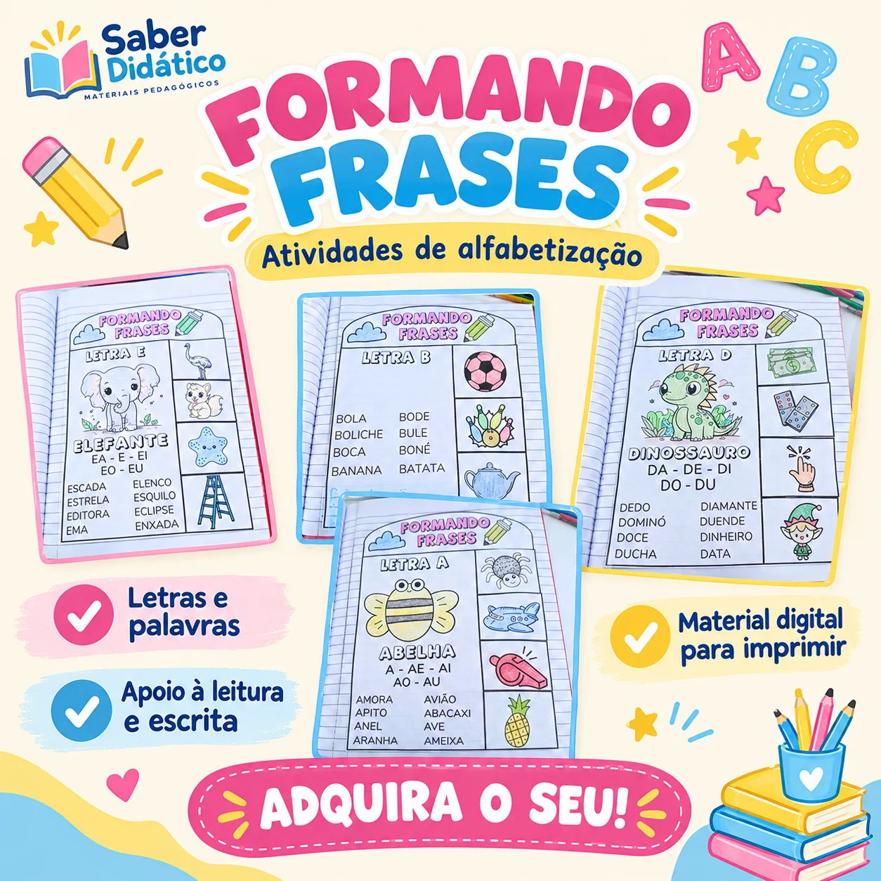 Formando Frases e Sílabas do Alfabeto em PDF — Alfabetização para Educação Infantil: Material de alfabetização com…