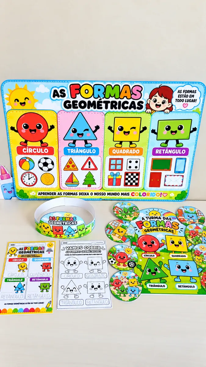 Formas Geométricas – Kit Interativo para Imprimir — amostra 4: Kit Formas Geométricas com painel, viseira, luva de…