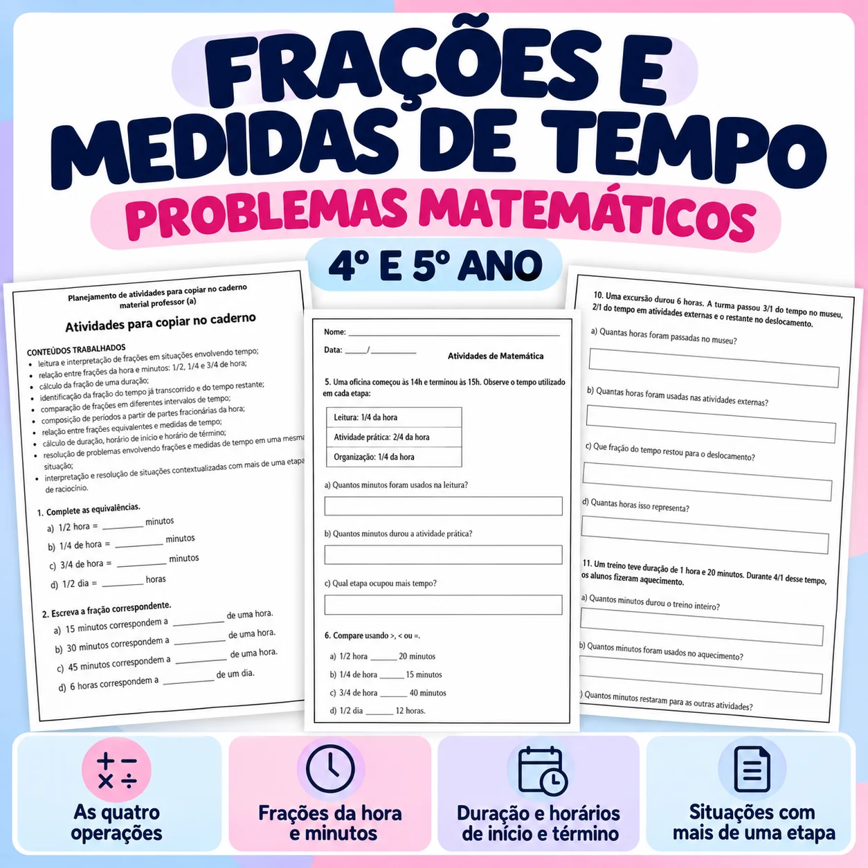 Frações e Medidas de Tempo | Problemas Matemáticos 4º e 5º Ano — Matemática para 5º ano: 10 atividades de Matemática com…
