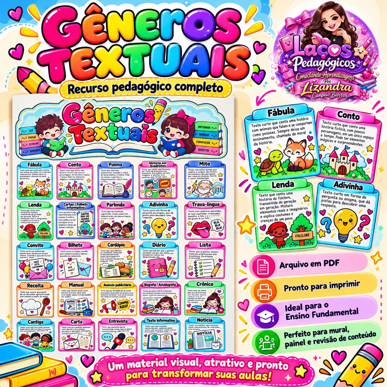 Gêneros Textuais – 25 Cards Informativos para Ensino Fundamental — capa do material