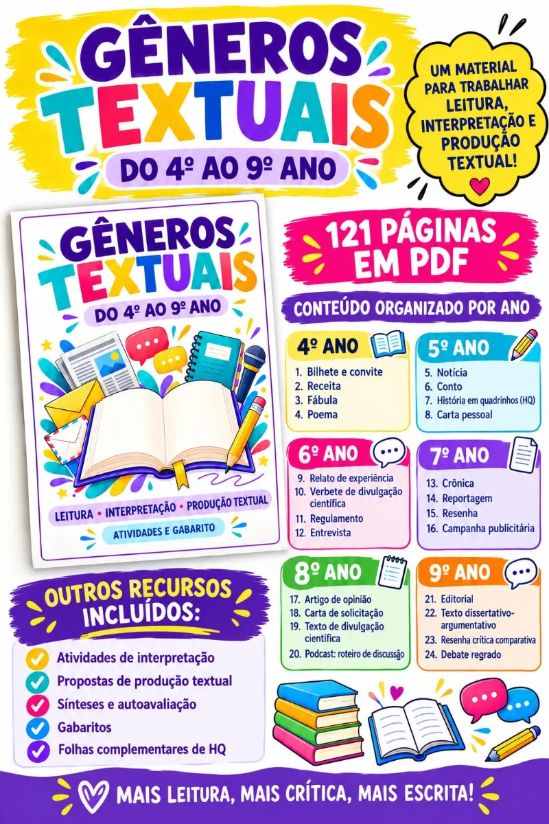 Gêneros Textuais – 4º ao 9º Ano | 121 Páginas PDF — amostra 5: Apostila de Gêneros Textuais do 4º ao 9º ano com 121…