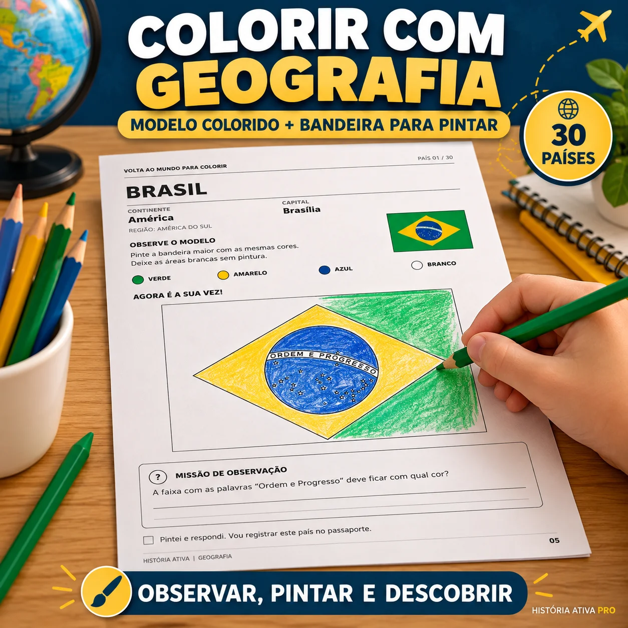 Geografia para Colorir: 30 Países do 3º ao 6º Ano — amostra 3: Explore 30 países com bandeiras para colorir, capitais e…