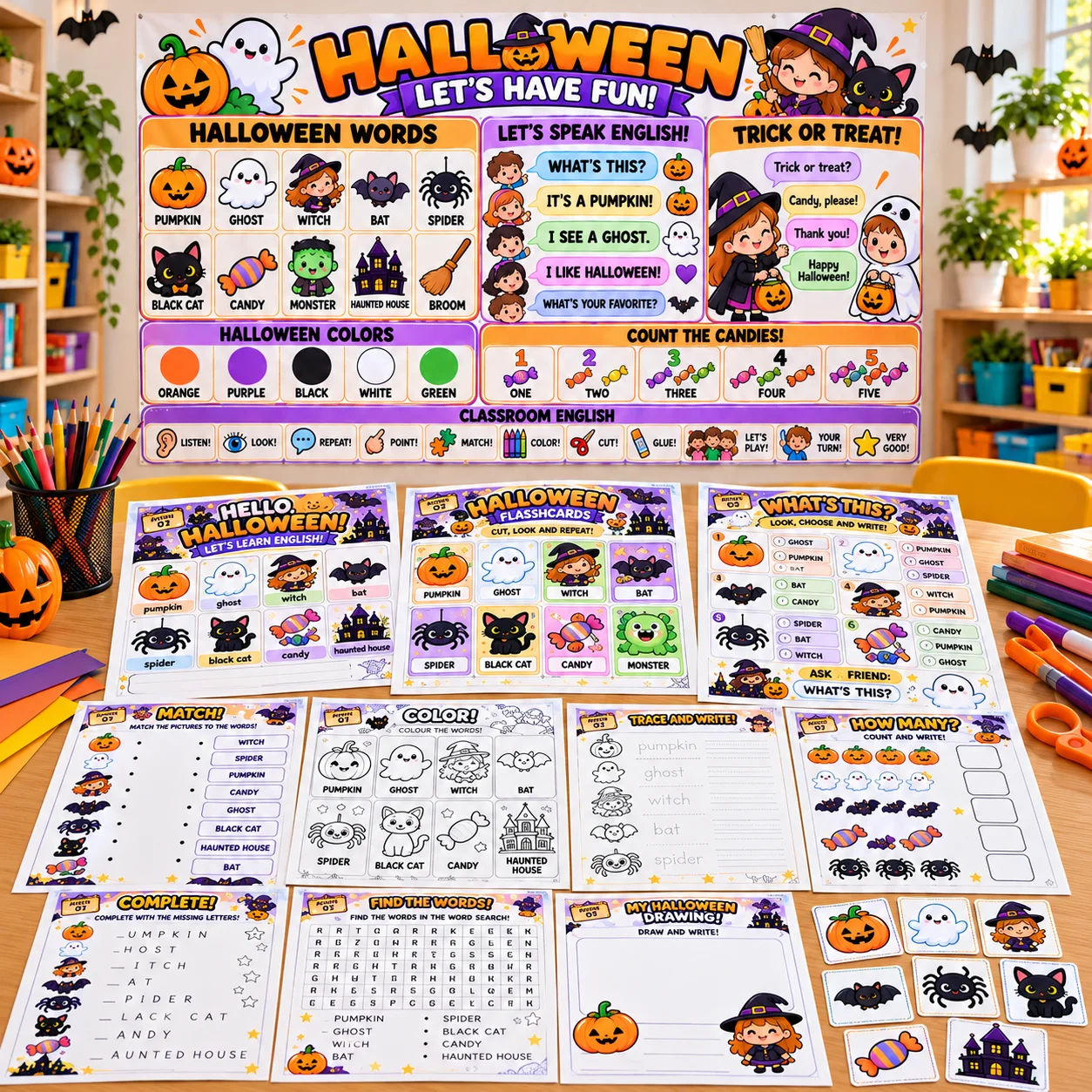 Halloween: Atividades de Inglês para Educação Infantil e Anos Iniciais — amostra 3: 📦 O QUE ESTÁ INCLUSO
