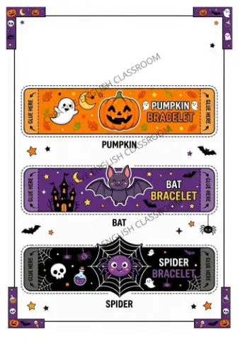 Halloween Bracelets – Atividade de Recorte 1º a 5º ano Pdf — amostra 2: Pulseiras de Halloween para imprimir e montar