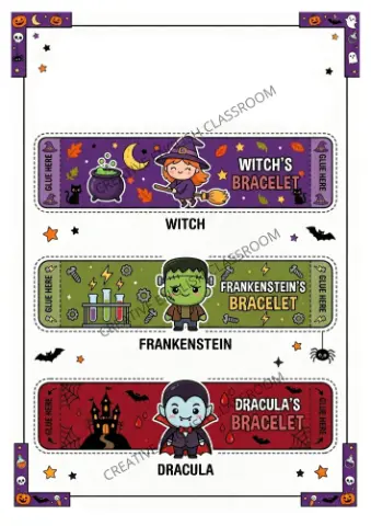 Halloween Bracelets – Atividade de Recorte 1º a 5º ano Pdf — amostra 3: Pulseiras de Halloween para imprimir e montar