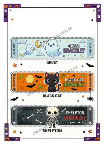 Halloween Bracelets – Atividade de Recorte 1º a 5º ano Pdf — amostra 4: Pulseiras de Halloween para imprimir e montar