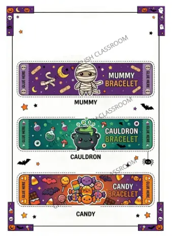 Halloween Bracelets – Atividade de Recorte 1º a 5º ano Pdf — amostra 5: Pulseiras de Halloween para imprimir e montar