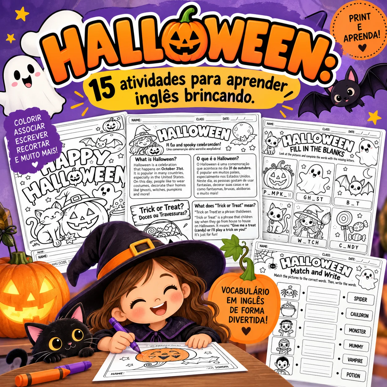 Halloween em Inglês: 15 Atividades para Imprimir e Aprender — capa do material