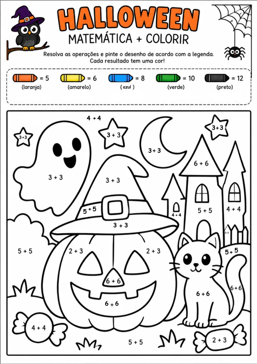 🎃Halloween Matemático – Colorir e Calcular em PDF — amostra 4: Atividades de Halloween prontas para imprimir