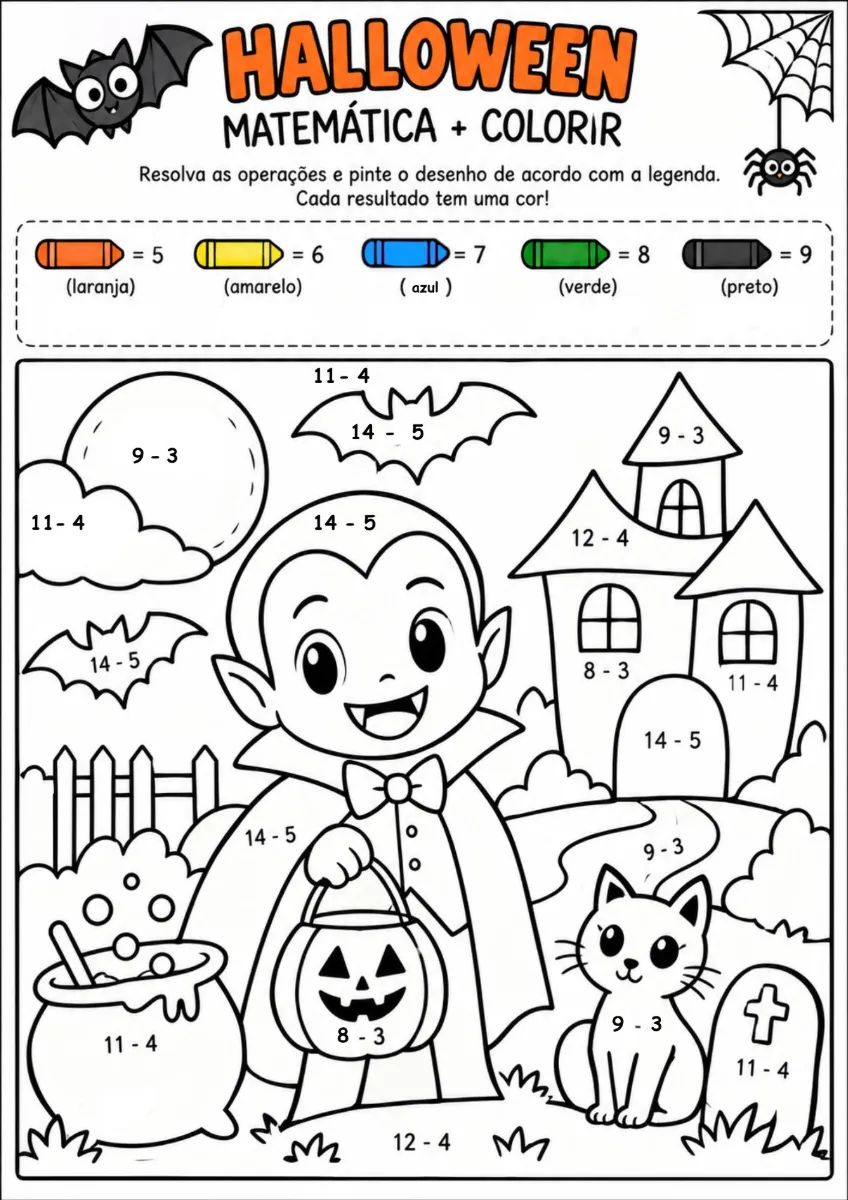 🎃Halloween Matemático – Colorir e Calcular em PDF — amostra 5: Atividades de Halloween prontas para imprimir