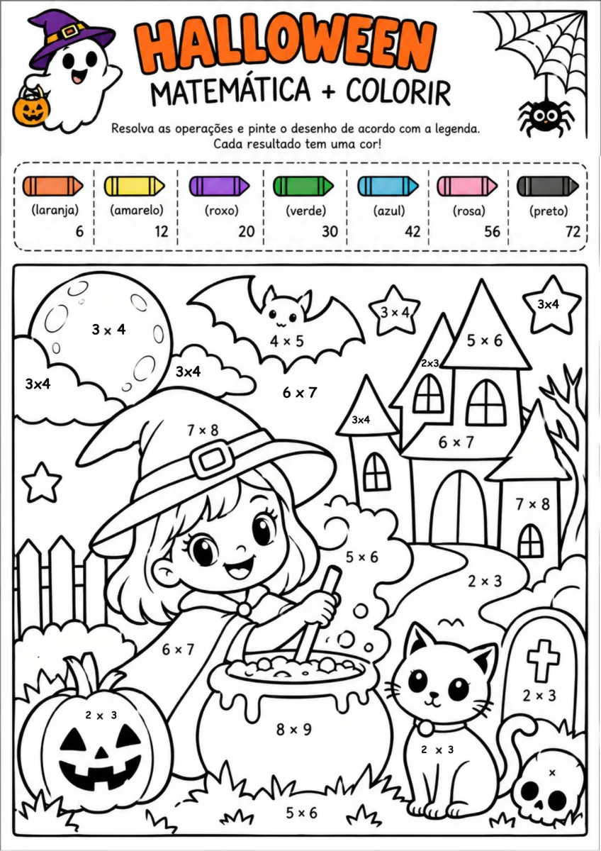 🎃Halloween Matemático – Colorir e Calcular em PDF — amostra 6: Atividades de Halloween prontas para imprimir
