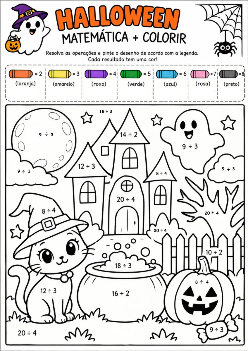 🎃Halloween Matemático – Colorir e Calcular em PDF — amostra 7: Atividades de Halloween prontas para imprimir