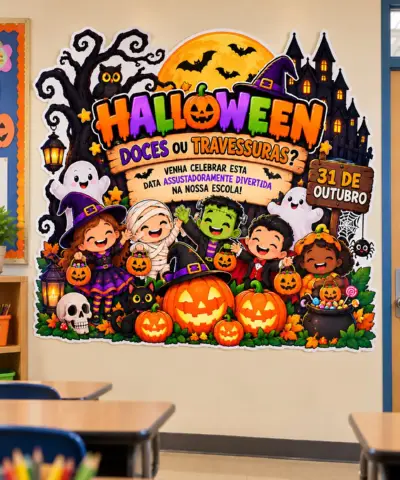 Halloween na Escola: uma decoração de arrepiar para imprimir — amostra 2: escola em um cenário mágico, divertido e cheio de…