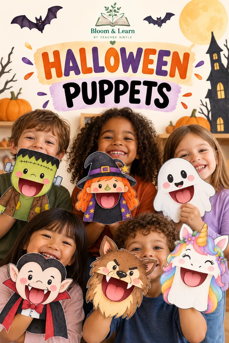 Halloween Puppets 7 Fantoches de Papel para Montar e Brincar — Atividades para Ensino Fundamental I (1º–5º): 7 fantoches de…