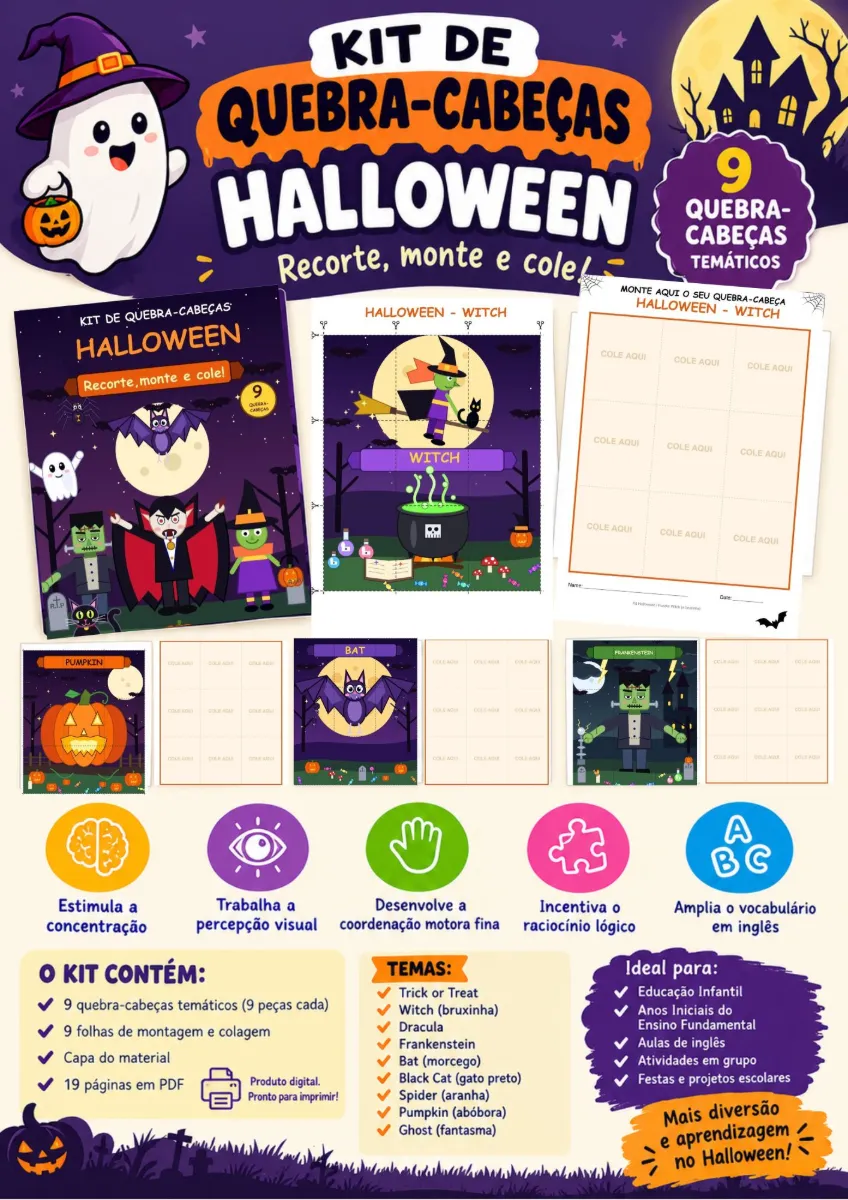 Halloween Quebra-cabeças de Recorte, Montagem e Colagem Pdf — Atividades para 2º ano: 👻 Halloween 9 Quebra-cabeças Recorte…