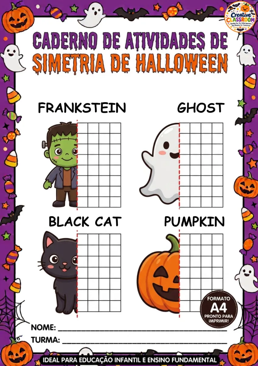 Halloween Simetria Atividade para Imprimir 1º a 9º ano — amostra 1: 🎃 Atividade de simetria com temática de Halloween em PDF