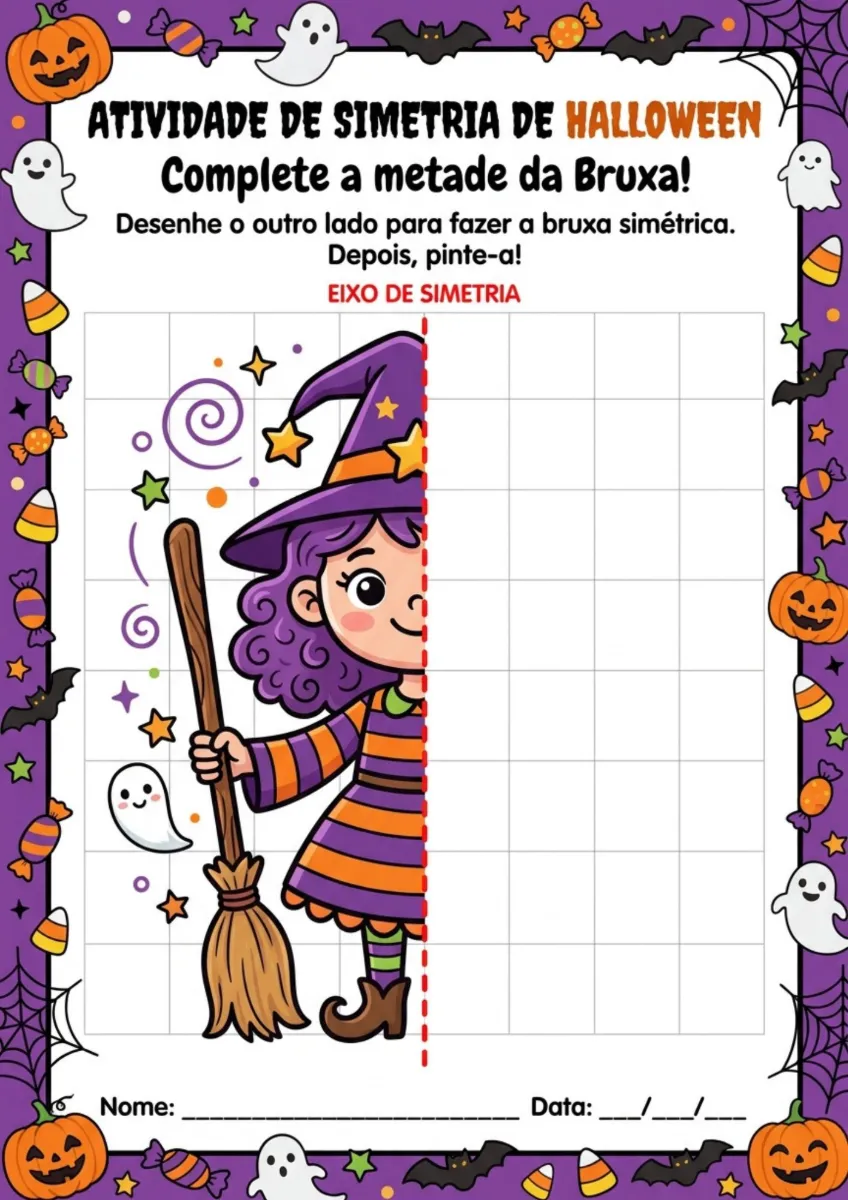Halloween Simetria Atividade para Imprimir 1º a 9º ano — amostra 2: 🎃 Atividade de simetria com temática de Halloween em PDF
