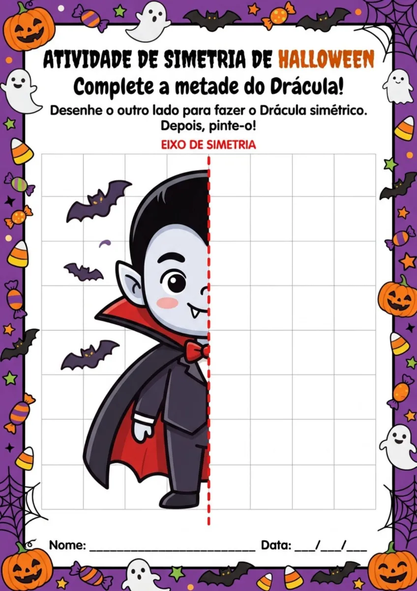 Halloween Simetria Atividade para Imprimir 1º a 9º ano — amostra 3: 🎃 Atividade de simetria com temática de Halloween em PDF