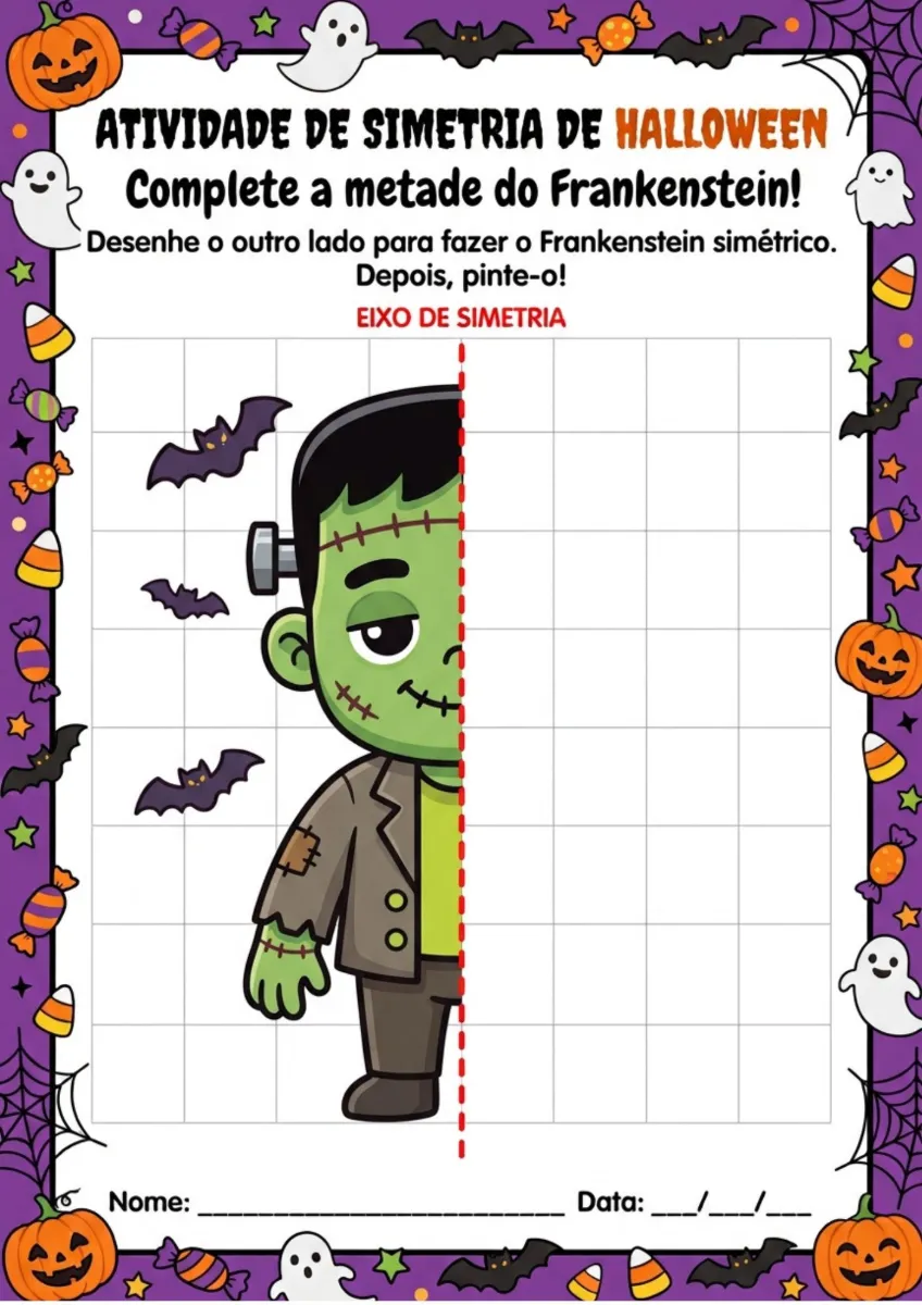 Halloween Simetria Atividade para Imprimir 1º a 9º ano — amostra 4: 🎃 Atividade de simetria com temática de Halloween em PDF