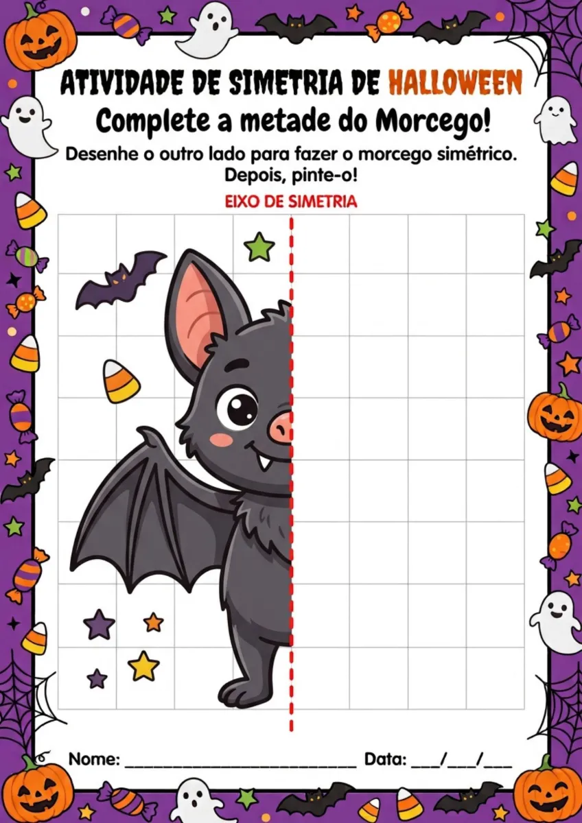 Halloween Simetria Atividade para Imprimir 1º a 9º ano — amostra 5: 🎃 Atividade de simetria com temática de Halloween em PDF