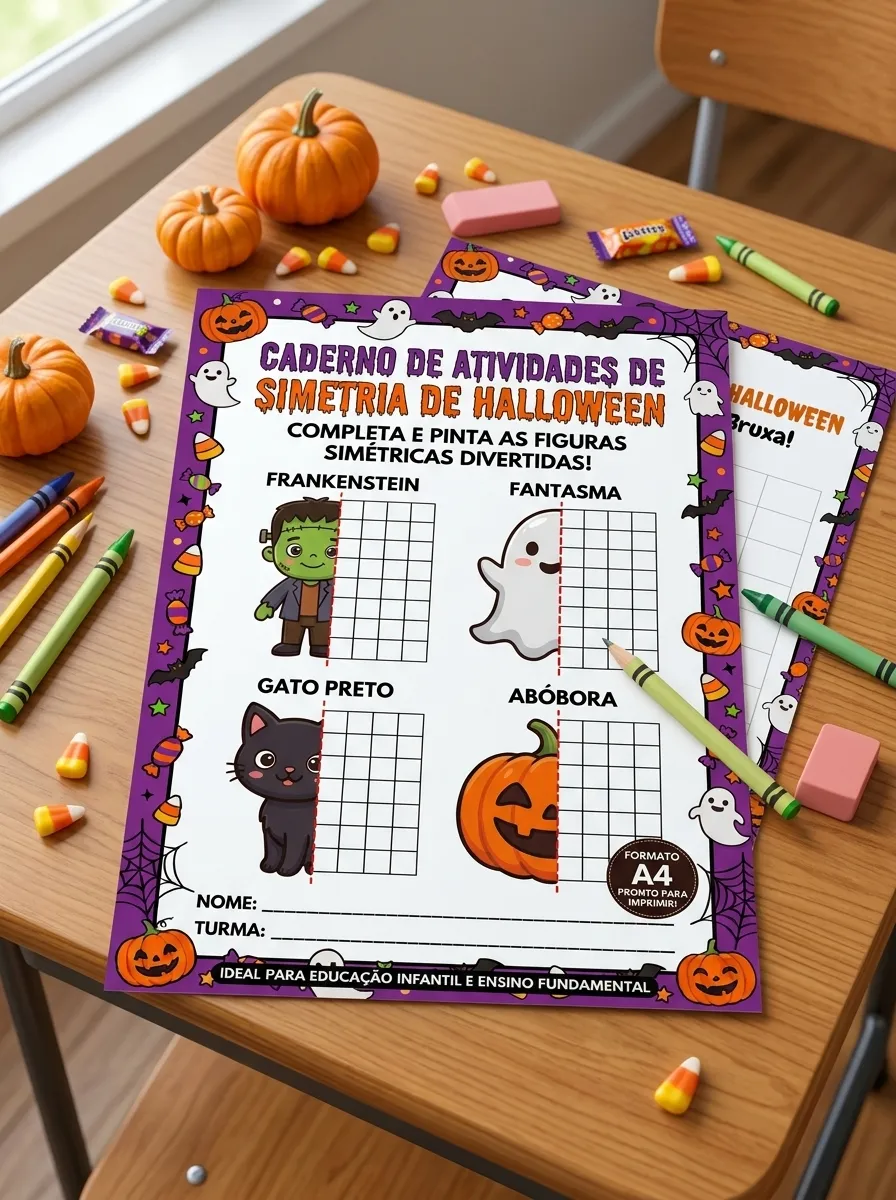 Halloween Simetria Atividade para Imprimir 1º a 9º ano — Atividades para Fundamental II (6º–9º): 🎃 Atividade de simetria…