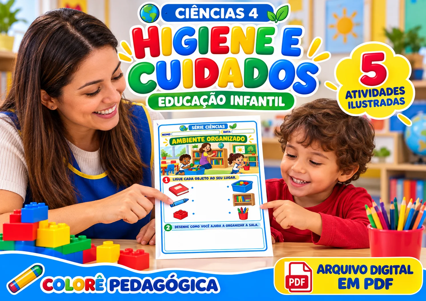 Higiene e Cuidados | 5 Atividades Ilustradas para Educação Infantil — capa do material