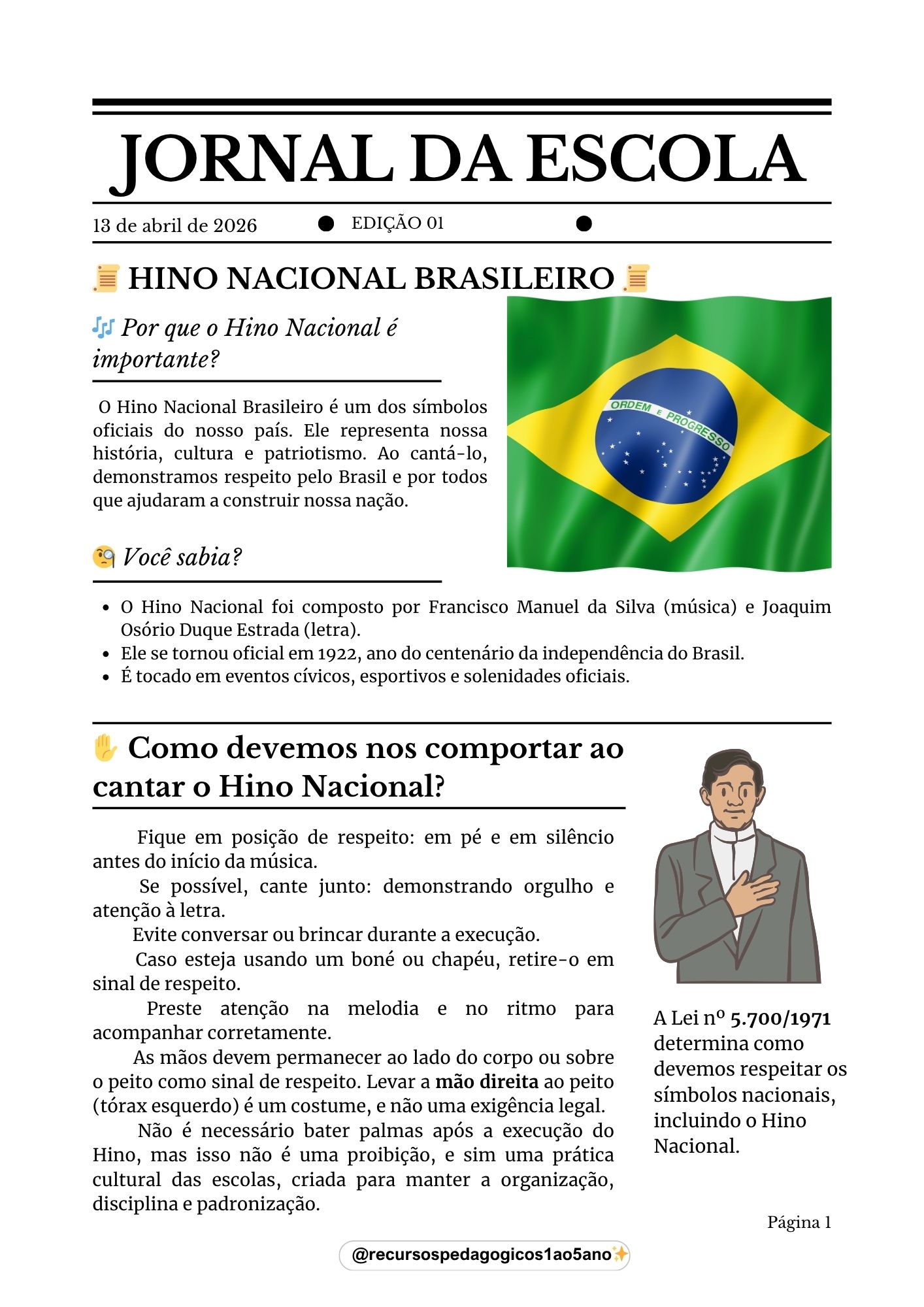 Hino Nacional Brasileiro texto e interpretação 1º ao 5º ano – PDF para Imprimir — amostra 1: O que vem no material