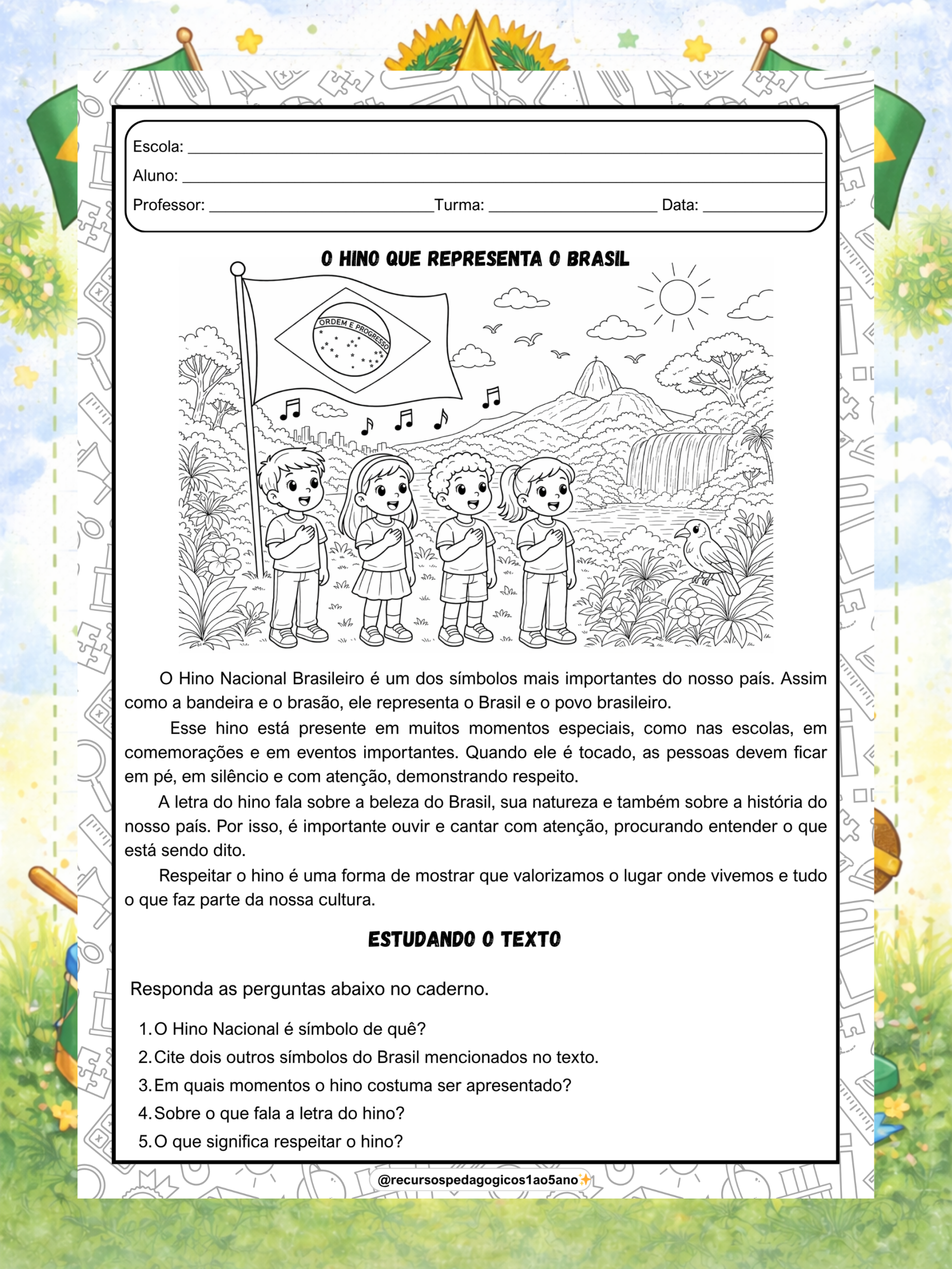 Hino Nacional Brasileiro texto e interpretação 1º ao 5º ano – PDF para Imprimir — amostra 4: Hino Nacional Brasileiro texto…