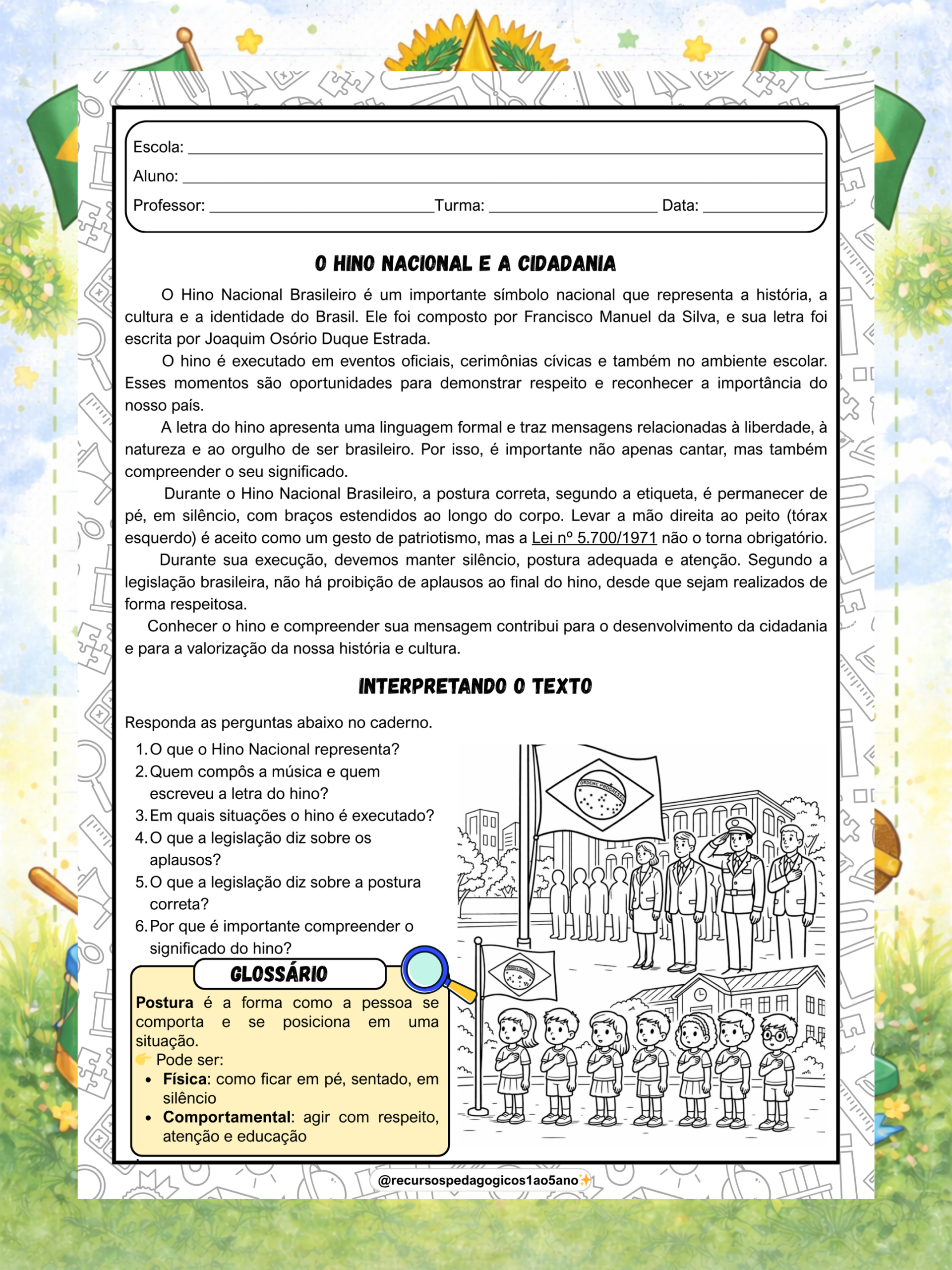 Hino Nacional Brasileiro texto e interpretação 1º ao 5º ano – PDF para Imprimir — amostra 5: Hino Nacional Brasileiro texto…