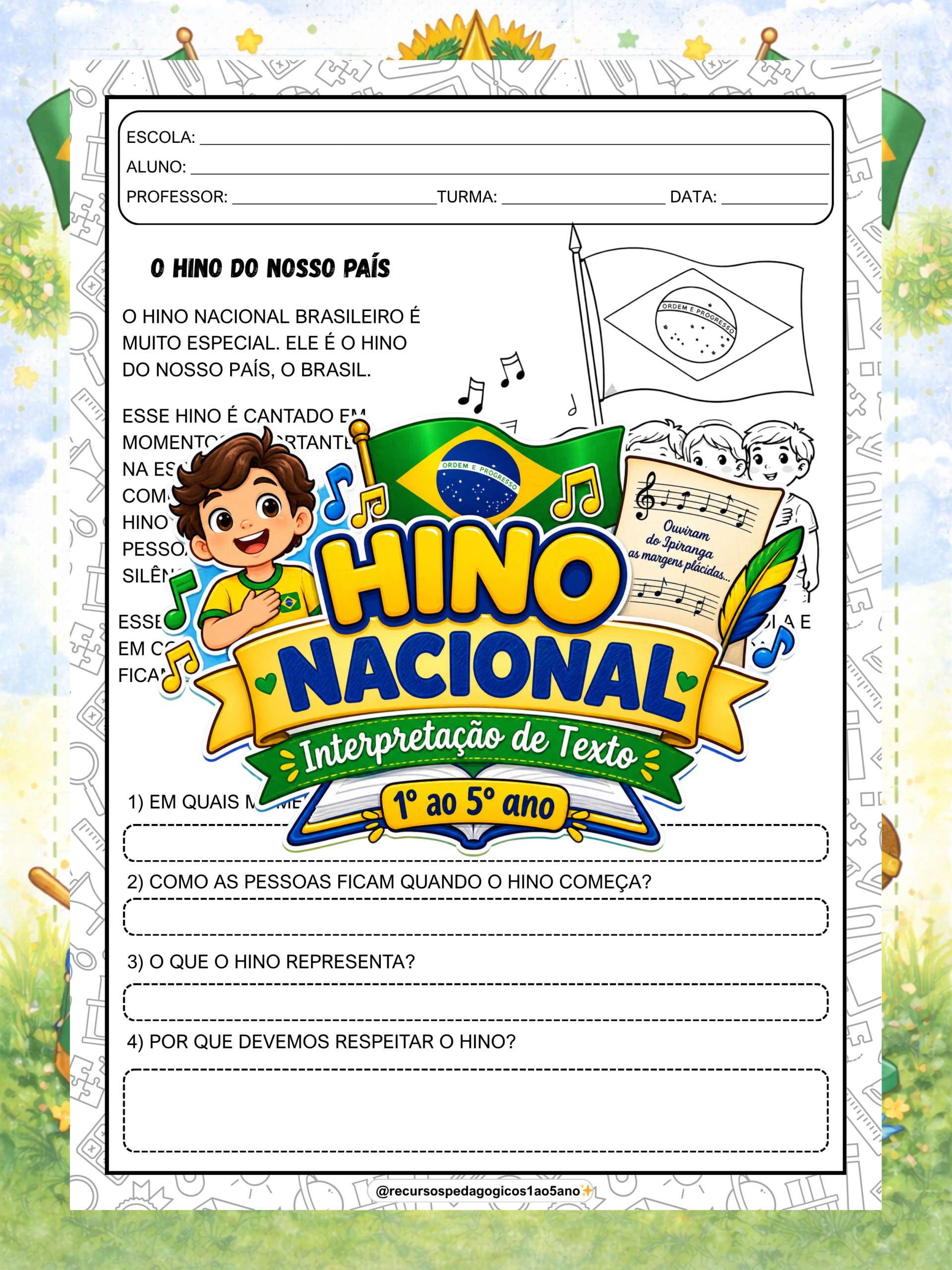 Hino Nacional Brasileiro texto e interpretação 1º ao 5º ano – PDF para Imprimir — capa do material